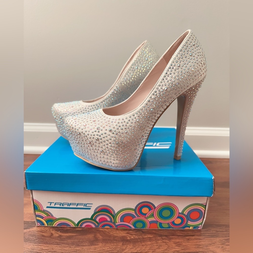 Traffic Silver Crystal Embellished Heels